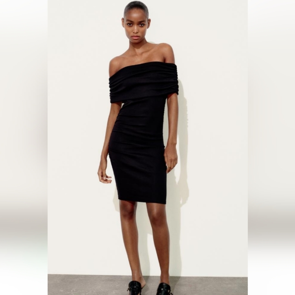 ZARA STRAPLESS BLACK MINI DRESS WITH FOLD OVER STRAIGHT NECKLINE